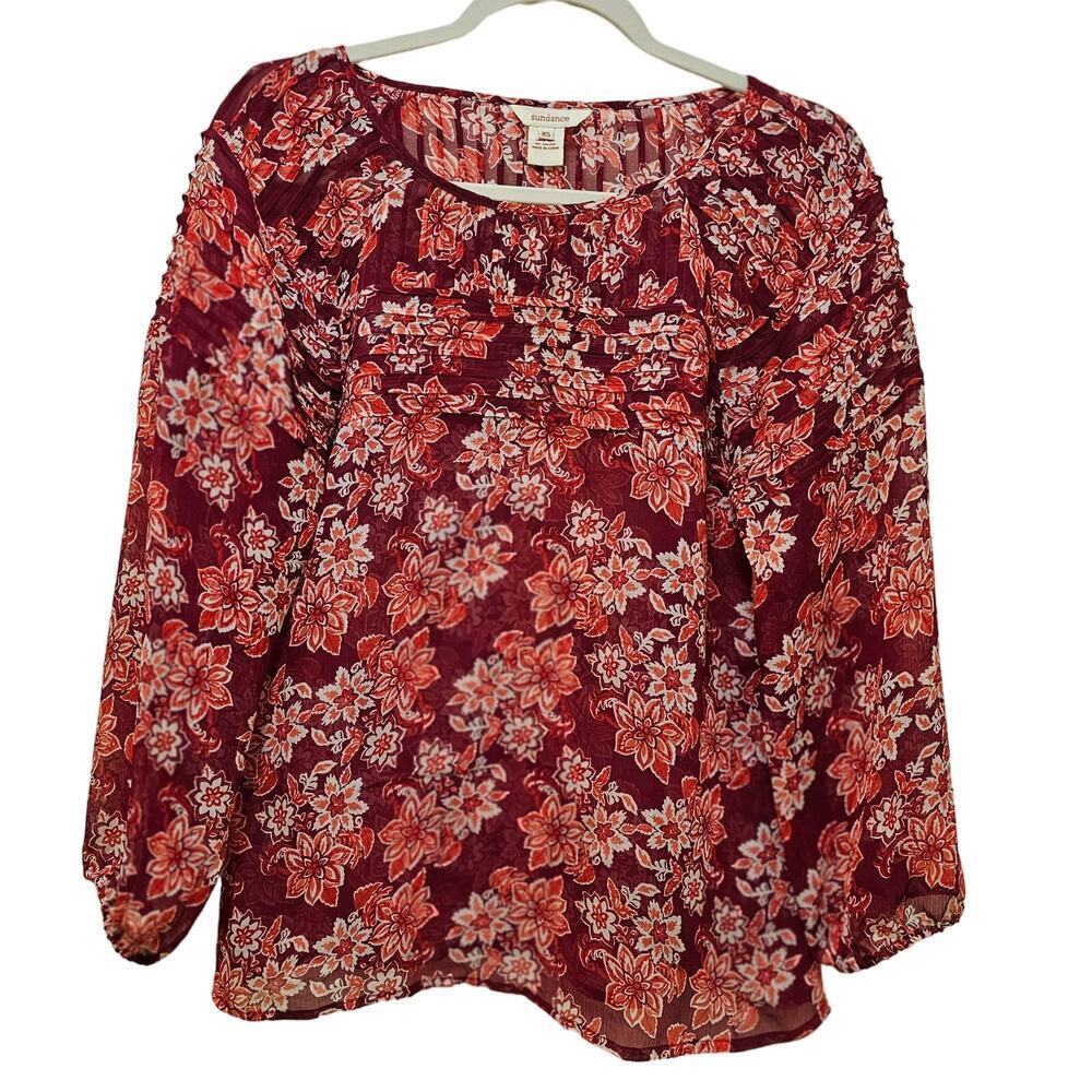 Sundance 100% Silk SzXS Red n Cream floral folded accent shoulder n Front. Artzy